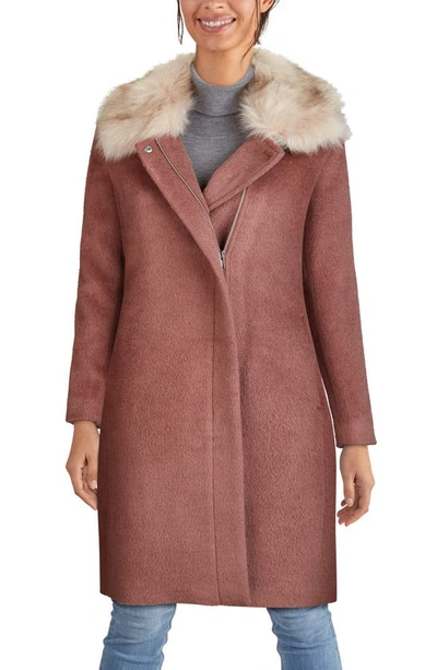 Cole Haan Faux Fur Trim Wool Blend Coat In Peony
