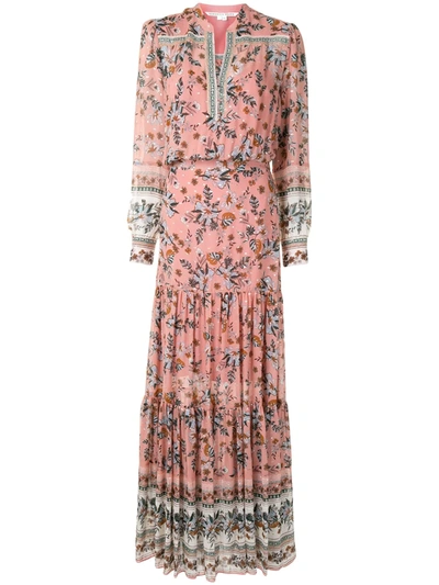 veronica beard pink floral dress VERONICA BEARD Pink Floral Print 70's Mod Tiered Silk Satin Cocktail Dress  14 L