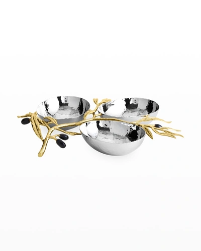 Michael Aram Olive Branch Gold 3 Bowl Server In Silver