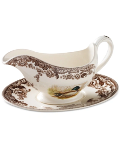 Spode Woodland Sauce Boat & Stand In Brown