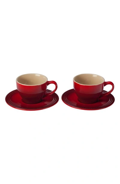 Le Creuset Set Of 2 Cappuccino Cups And Saucers In Cerise