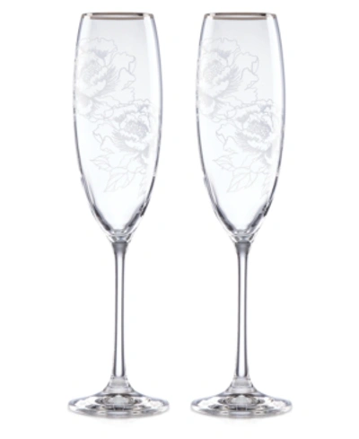 Lenox Silver Peony Toasting Flutes In Clear With Etched Peony Design