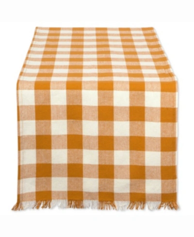 Design Imports Pumpkin Spice Heavyweight Check Fringed Table Runner 14" X 108" In Yellow