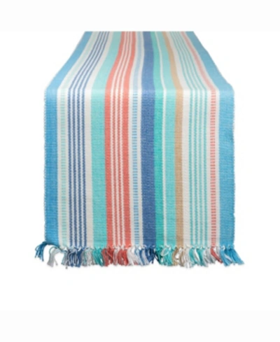 Design Imports Seashore Stripe Fringed Table Runner 13" X 72" In Blue