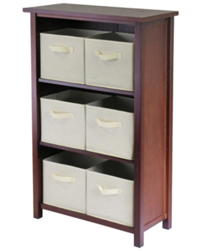 Winsome Verona 3- Section M Storage Shelf With 6 Foldable Beige Color Fabric Baskets In Walnut