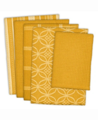 Design Imports Assorted Dishtowel And Dishcloth, Set Of 5 In Bright Yel
