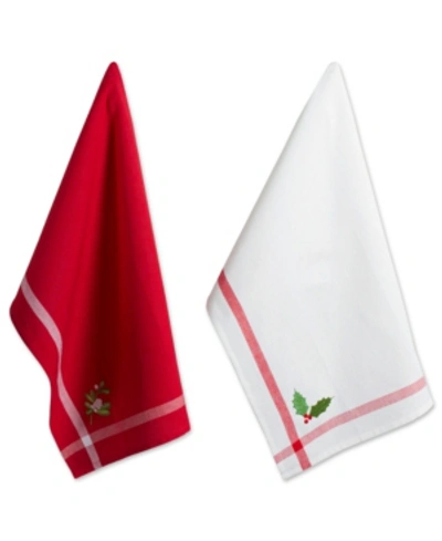 Design Imports Stripe Holly Mistletoe Holiday Embroidered Dishtowel Set In Red