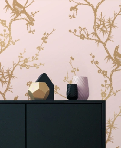 Tempaper Cynthia Rowley For  Bird Watching Rose Pink & Gold Peel And Stick Wallpaper In Light,pastel Pink