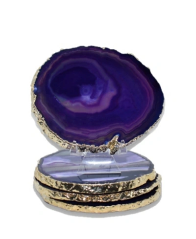 Nature's Decorations - Premium Gold-tone Trim Agate Coasters In Purple