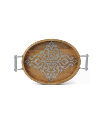 The Gg Collection Medium Long Wood And Metal Heritage Collection Oval Tray In Light Brown