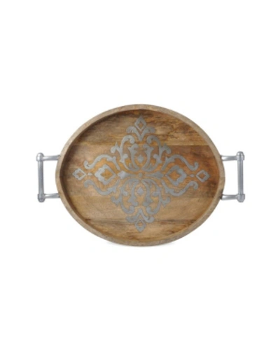 The Gg Collection Large 25.5-inch Long Wood And Metal Heritage Collection Oval Tray In Light Brown