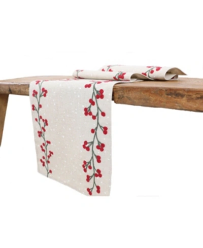 Manor Luxe Holly Berry Branch Crewel Embroidered Christmas Table Runner In Linen