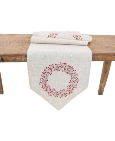 Manor Luxe Holly Berry Wreath Embroidered Christmas Table Runner In Linen