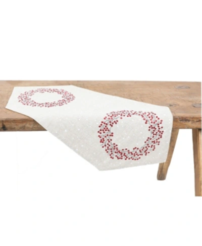Manor Luxe Holly Berry Wreath Embroidered Christmas Table Runner In Linen