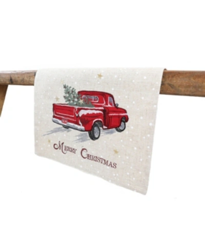 Manor Luxe Merry Christmas Truck Embroidered Table Runner In Linen