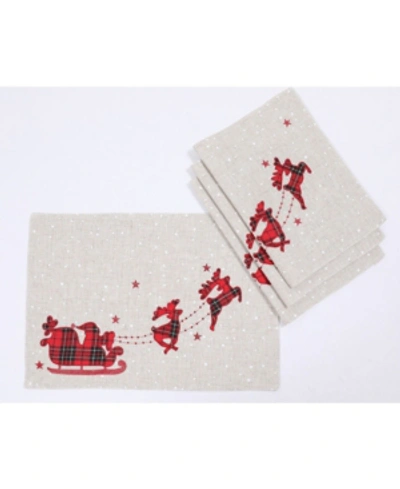 Manor Luxe Applique Tartan Santa Sleigh With Reindeers Christmas Placemats 14" X 20", Set Of 4 In Linen