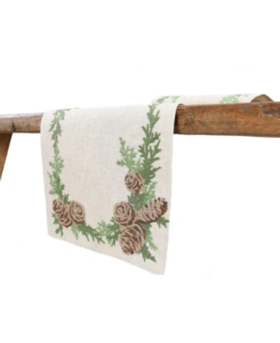 Manor Luxe Winter Pine Cones And Branches Crewel Embroidered Table Runner In Linen