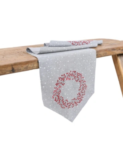 Manor Luxe Holly Berry Wreath Embroidered Christmas Table Runner In Gray