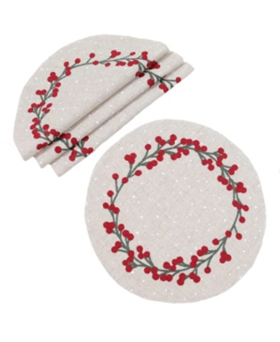 Manor Luxe Holly Berry Branch Crewel Embroidered Christmas Placemats, Set Of 4 In Linen