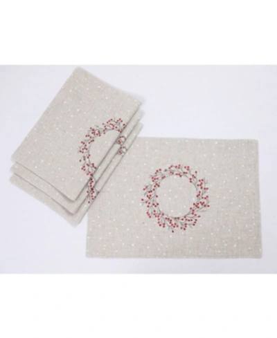Manor Luxe Holly Berry Wreath Embroidered Christmas Placemats, Set Of 4 In Linen