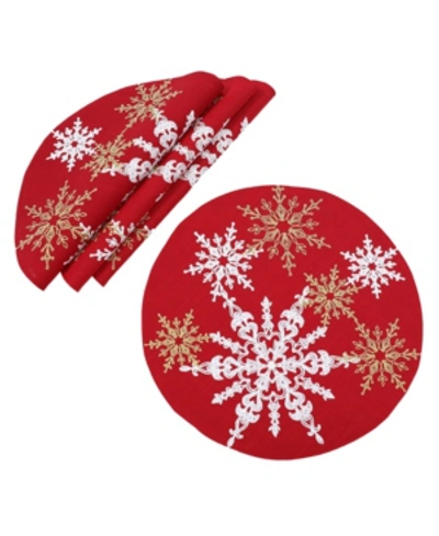 Manor Luxe Magical Snowflakes Crewel Embroidered Christmas Placemats 16" Round, Set Of 4 In Red