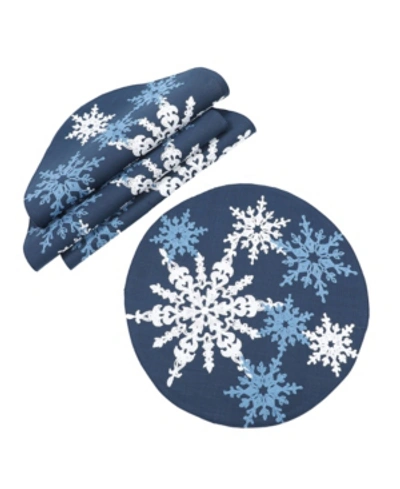 Manor Luxe Magical Snowflakes Crewel Embroidered Christmas Placemats 16" Round, Set Of 4 In Dark Blue