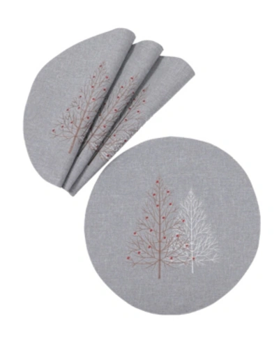 Manor Luxe Festive Trees Embroidered Christmas Placemats 16" Round, Set Of 4 In Gray