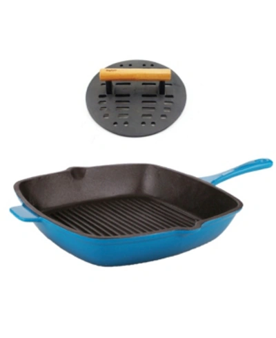 Berghoff Neo 2-pc. Cast Iron Set: 11" Grill Pan And With Slotted Steak Press In Blue