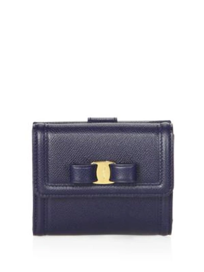 Ferragamo Gancino Clip French Continental Leather Vara Bow Wallet In Navy