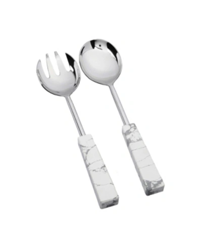 Classic Touch Set Of 2 Stainless Steel Salad Servers With White And Gray Stone Handles In Silver