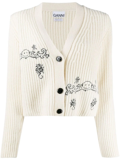 Ganni Smiling Face-embroidered Wool-blend Cardigan In Weiss