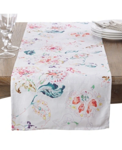 Saro Lifestyle Primavera Collection Printed Floral Design Table Runner In White