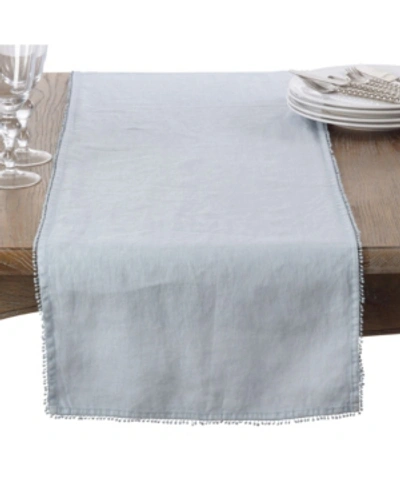 Saro Lifestyle Pom Pom Design Linen Dining Room Table Runner In Baby Blue