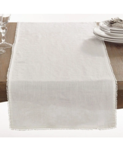 Saro Lifestyle Pom Pom Design Linen Dining Room Table Runner In Ivory
