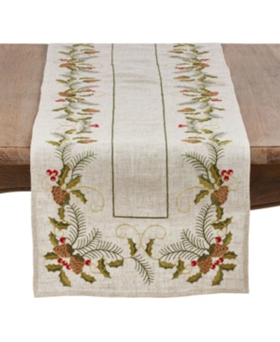 Saro Lifestyle Christmas Table Runner With Embroidered Pinecone And Holly Design In Natural
