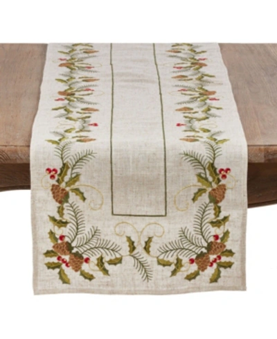 Saro Lifestyle Christmas Table Runner With Embroidered Pinecone And Holly Design In Tan/beige