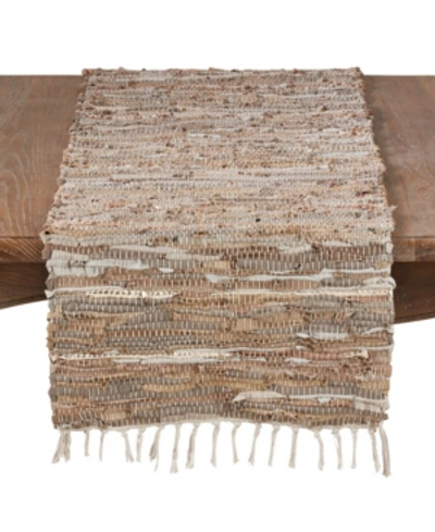 Saro Lifestyle Leather And Cotton Blend Table Runner With Chindi Design In Natural