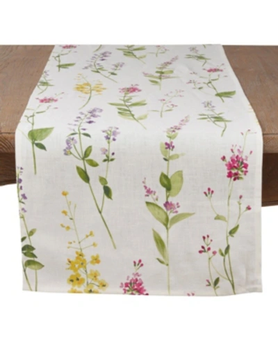 Saro Lifestyle Linen Table Runner With Watercolor Floral Stem Design In Off-white