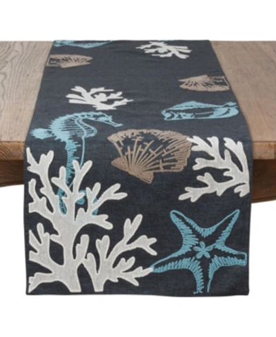 Saro Lifestyle Sea Life Print Table Runner In Navy Blue