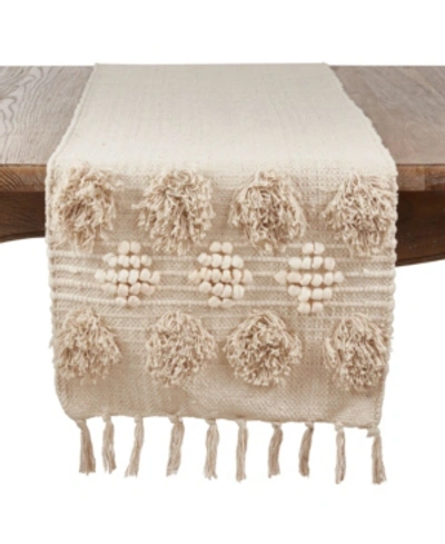 Saro Lifestyle Cotton Runner With Pom Pom Moroccan Design In Cream