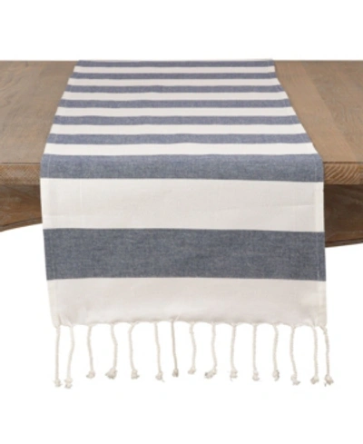 Saro Lifestyle Cotton Striped Tassel Runner In Navy Blue