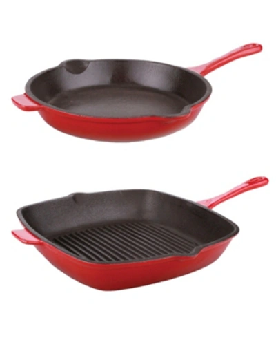 Berghoff Neo 2-pc. 10" Fry Pan And 11" Grill Pan Cast Iron Set In Red