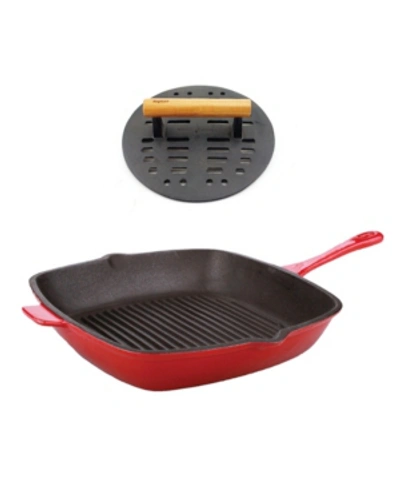 Berghoff Neo 2-pc. Cast Iron Set: 11" Grill Pan And With Slotted Steak Press In Red