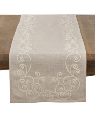 Saro Lifestyle Embroidered Swirl Design Natural Linen Blend Table Runner