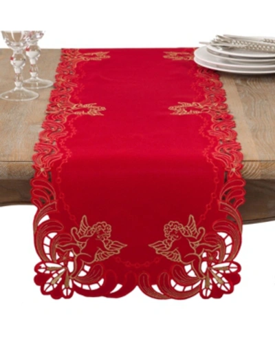 Saro Lifestyle Embroidered Angel Cherub Design Christmas Table Runner In Red