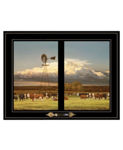 Trendy Decor 4u Summer Pastures Holstein Cows With Windmill By Bonnie Mohr, Ready To Hang Framed Print, Black Window In Multi