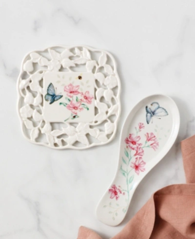 Lenox Butterfly Meadow Kitchen Carved Trivet In White With Multi-color Botanical Design