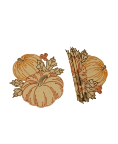 Manor Luxe Pumpkin Party Embroidered Cutwork Round Placemats - Set Of 4 In Curry
