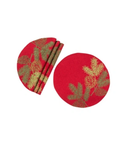 Manor Luxe Christmas Pine Tree Branches Embroidered Double Layer Round Placemat - Set Of 4 In Red