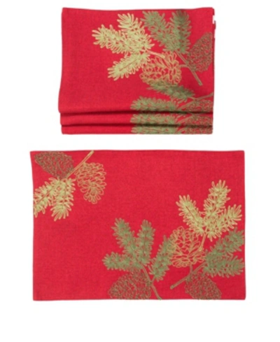 Manor Luxe Christmas Pine Tree Branches Embroidered Double Layer Placemats - Set Of 4 In Red